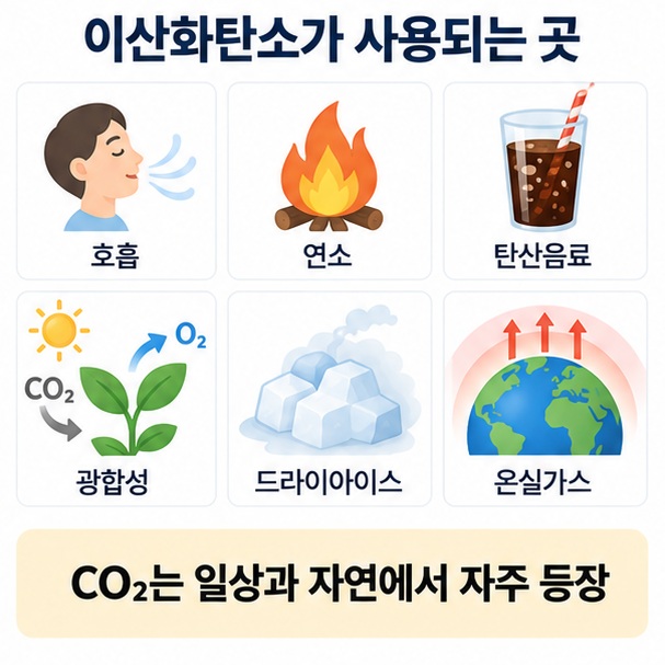 호흡 연소 탄산음료 광합성 드라이아이스 온실가스 등 이산화탄소가 등장하는 대표적인 사례를 정리한 이미지