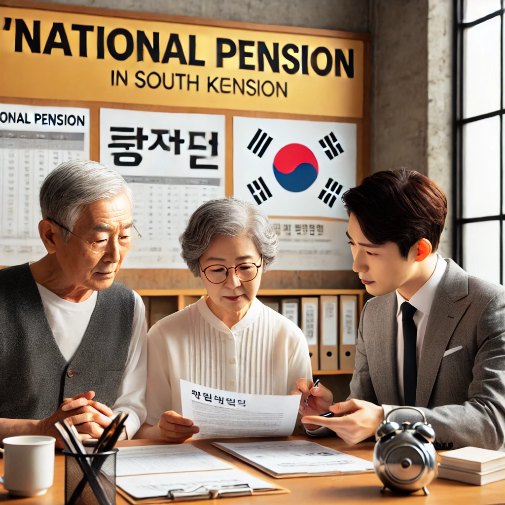 한국의 한 노부부가 금융 자문가와 함께 연금 서류를 검토하고 있습니다.