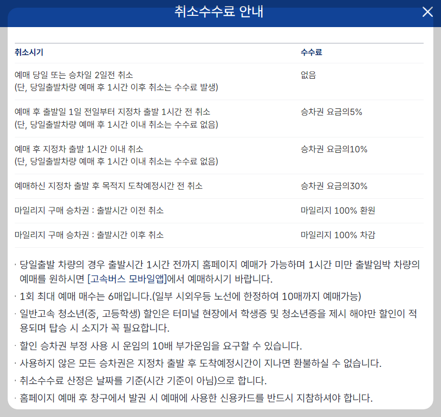 고속버스 예매방법 수수료 안내