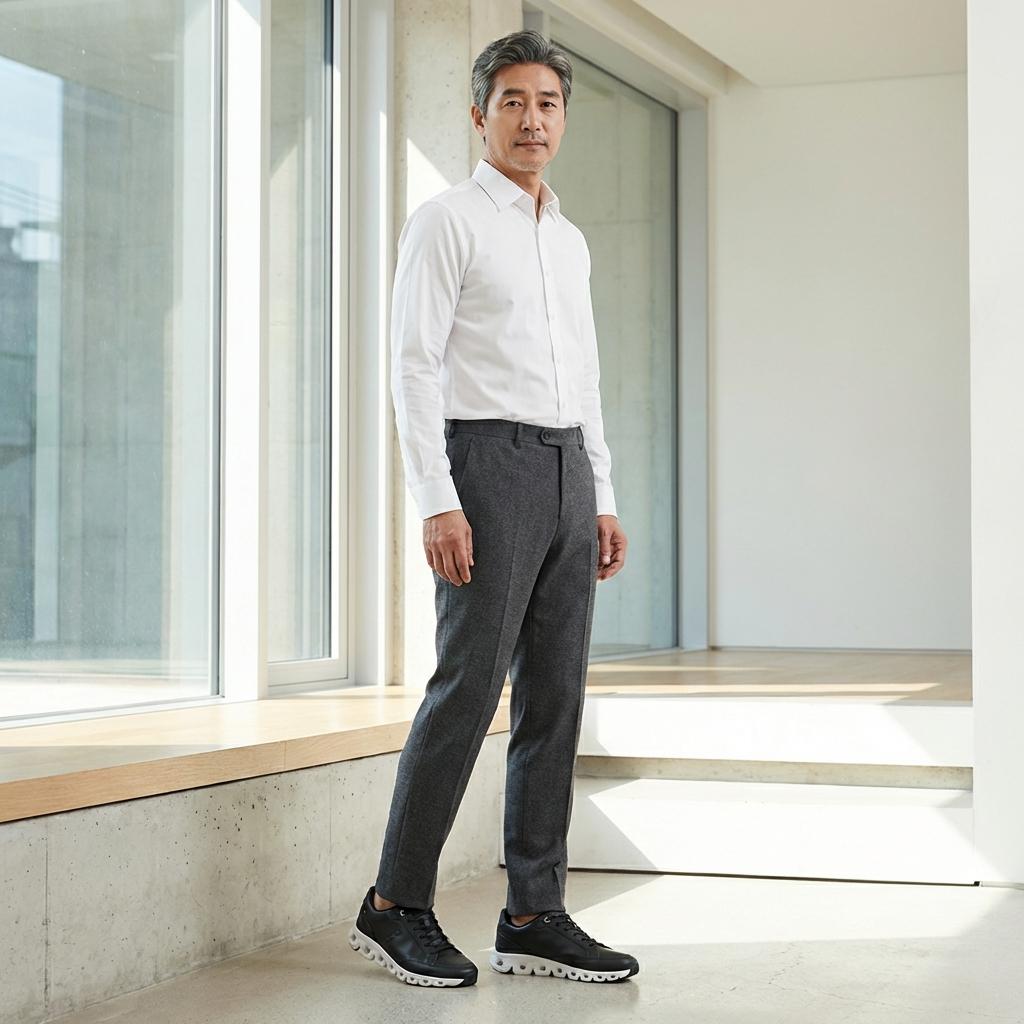 슬랙스와 잘 어울리는 50대 남성 출근용 운동화 코디