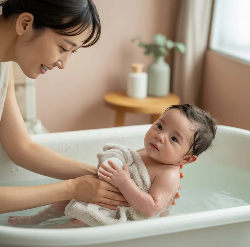 신생아 아토피가 있는 아기를 목욕시키는 이미지