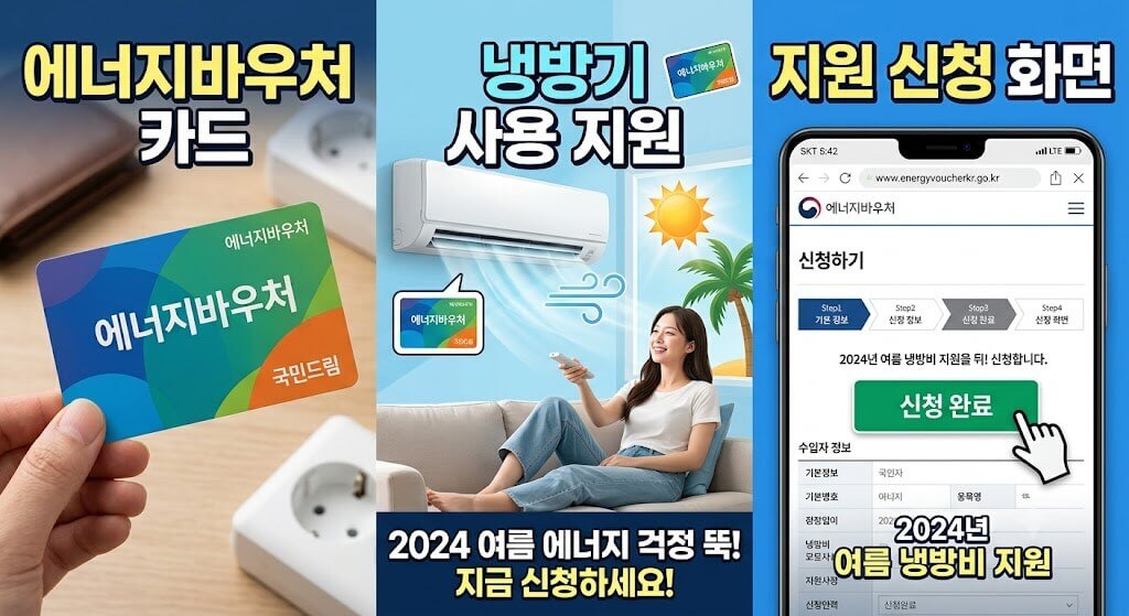 에너지바우처 카드 이미지, 냉방기 사용 이미지, 지원 신청 화면 캡처