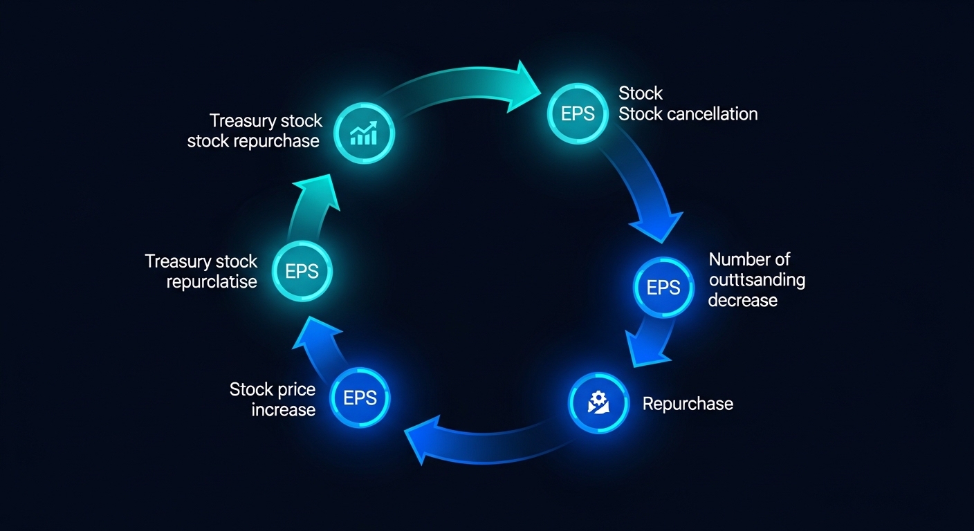 A circular flow diagram illustration showing the stock buyback and cancellation cycle 자사주 매입 → 주식 소각 → 유통주식 수 감소 → EPS 상승 → 주가 상승 → 다시 매입 as a virtuous cycle. Each step shown as a glowing blue node connected by arrows. Dark background with bright teal and blue accents. Modern fintech infographic style, Korean labels.