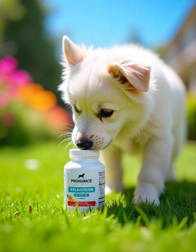 풀 밭의 강아지가 반려견 전용 유산균 제품의 냄새를 맡는다