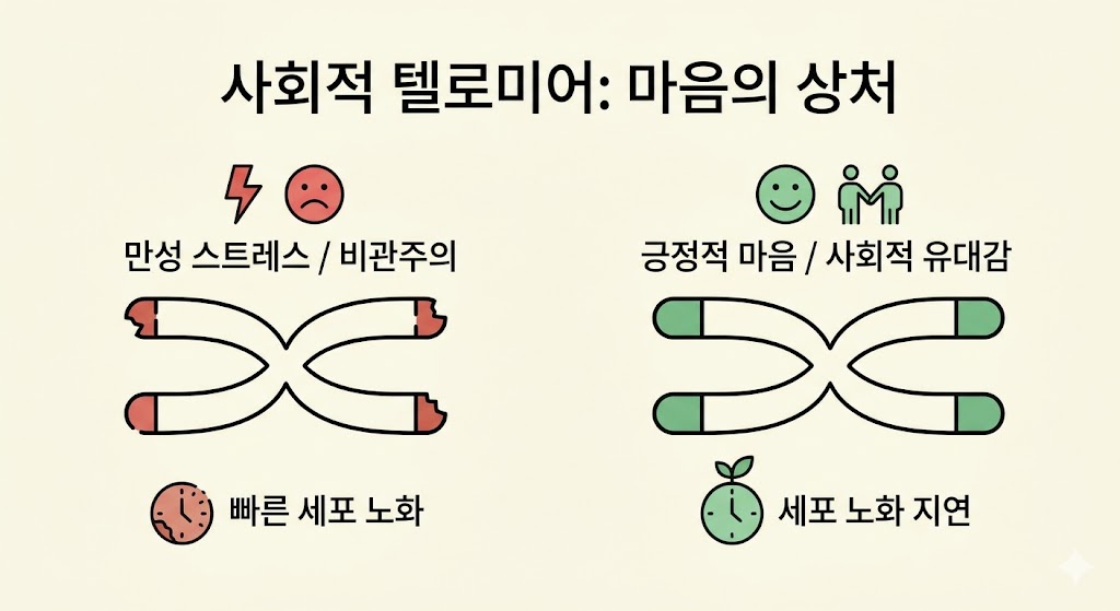 스트레스와 마음가짐이 텔로미어에 미치는 영향을 대조적으로 보여줍니다. 왼쪽은 만성 스트레스로 인해 텔로미어가 손상되어 세포 노화가 빨라지는 모습을, 오른쪽은 긍정적인 마음과 유대감으로 텔로미어가 보호되어 노화가 지연되는 과정을 심플한 아이콘과 염색체 변화를 통해 직관적으로 설명합니다.