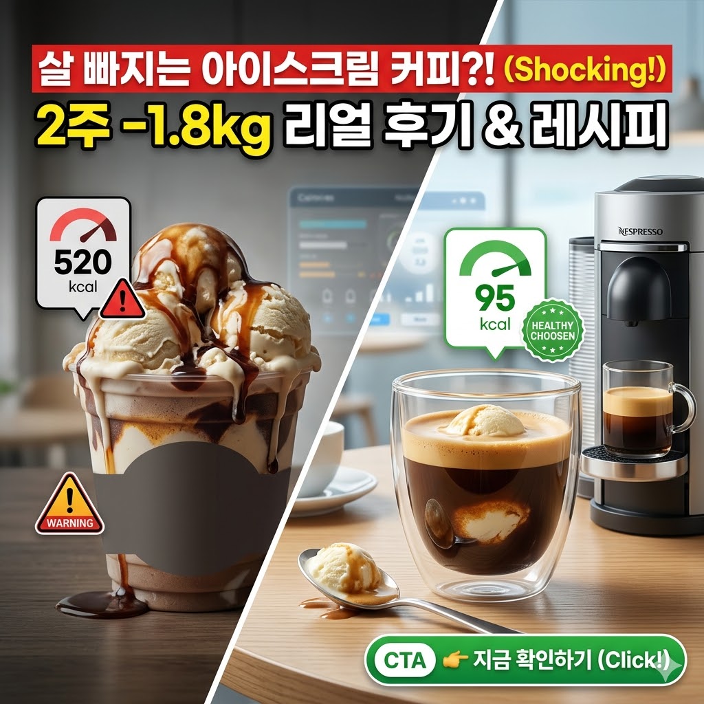 왼쪽은 어둡고 무거운 이미지로 일반 고칼로리 음료와 함께 '520kcal' 위험 아이콘이, 오른쪽은 밝고 세련된 실사로 라라스윗x네스프레소 아포카토와 함께 '95kcal' 건강 인증 아이콘이 배치되어 있습니다. 상단에는 "살 빠지는 아이스크림 커피?! 2주 -1.8kg 리얼 후기"라는 굵은 텍스트가, 하단에는 "👉 지금 확인하기"라는 녹색 CTA 버튼이 있습니다.