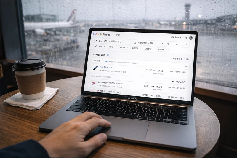 공항 카페 테이블 위에 놓인 맥북 프로 화면에서 구글 플라이트로 인천(ICN) 출발 파리(CDG)행 대체 항공편을 검색하는 모습. 대한항공 대신 에어프랑스 직항과 여러 경유편이 표시되어 있고, 블로거의 손이 트랙패드를 조작하고 있으며 창밖으로 공항 계류장이 보인다.