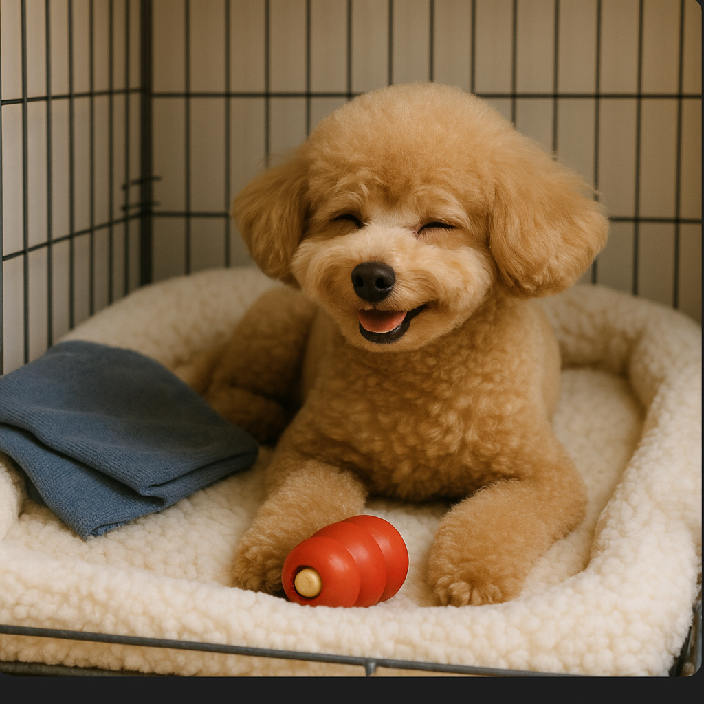 아늑한 켄넬 속 집사의 냄새가 베인 옷과 장난감이 놓여져있고 강아지가 편안하게 엎드려있는 안도하는 표정의 모습