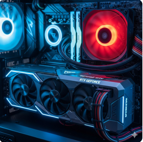 게이밍 PC 내부 그래픽카드(GPU)와 CPU가 강조된 이미지