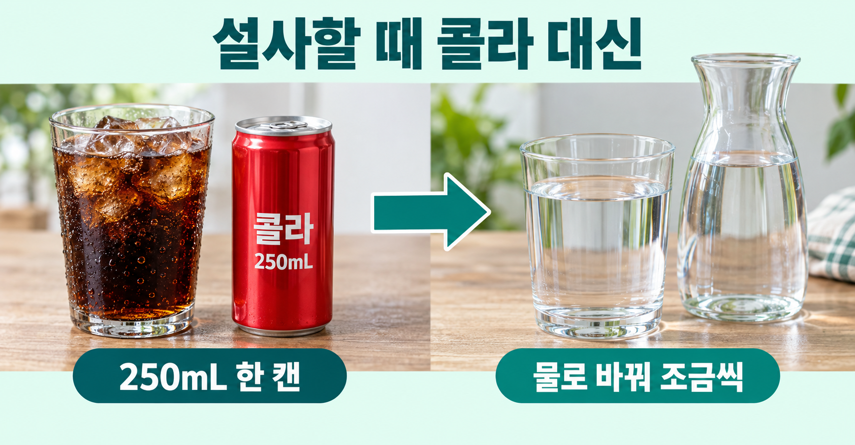 콜라 실사 인포그래픽. 현재 음료: 250mL 콜라 한 캔; 바꿀 음료: 물로 바꾸어 조금씩