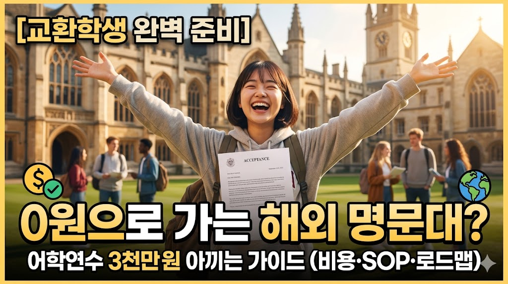 해외 명문대 캠퍼스를 배경으로 양팔을 벌리며 환하게 웃고 있는 아시아인 여학생이 교환학생 합격증(Acceptance)을 들고 기뻐하고 있다. 이미지 상단에는 황색 글씨로 '[교환학생 완벽 준비]'라고 적혀 있으며, 중앙에는 흰색 큰 글씨로 '0원으로 가는 해외 명문대?'라는 메인 카피가 배치되어 있다. 하단에는 '어학연수 3천만원 아끼는 가이드 (비용&middot;SOP&middot;로드맵)'이라는 부제가 적혀 있으며, 왼쪽에는 체크 표시가 된 달러 코인 아이콘, 오른쪽에는 지구본 아이콘이 배치된 클릭 유도형 블로그 썸네일 이미지.