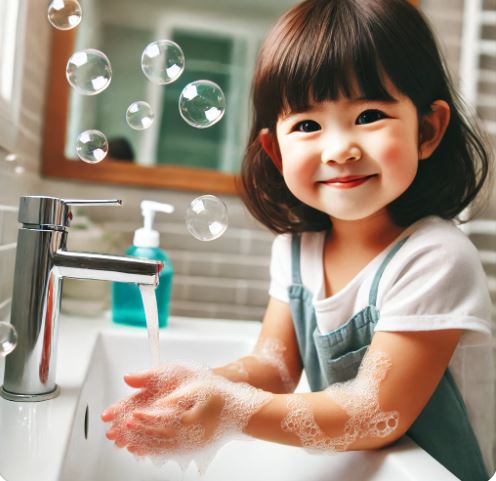 수족구병을 예방하기 위해 손을 씻고 있는 아이를 보여주는 사진