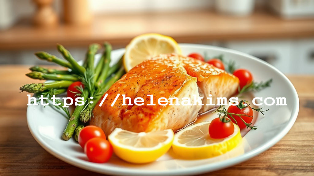 방울 토마토 등 싱싱한 채소와 연어 스테이크