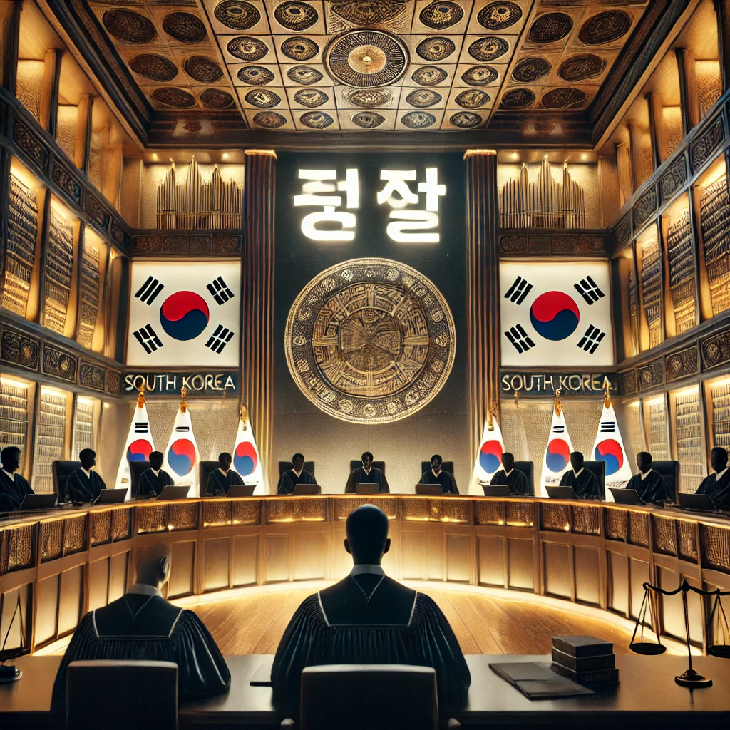 전통적인 분위기의 헌법재판소 법정에서 심판이 열리는 장면 