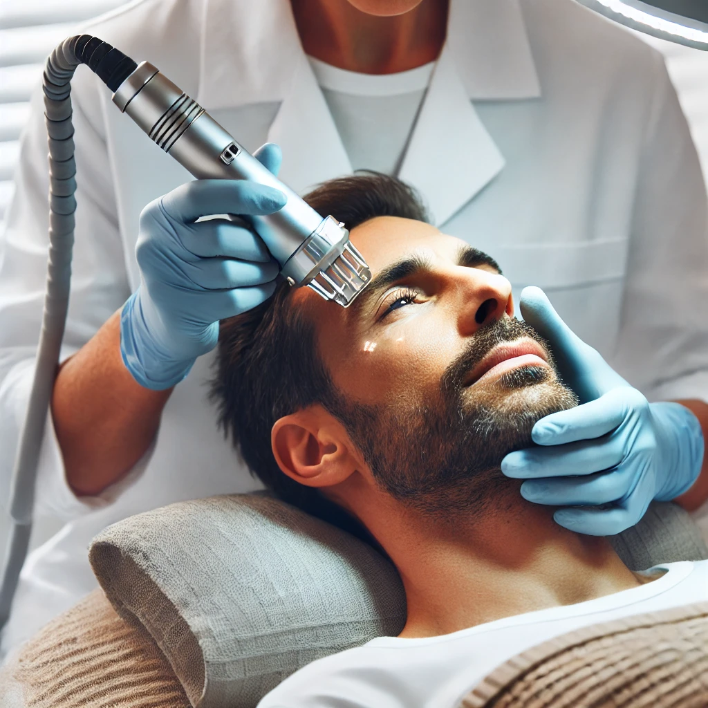 피부과에서 고주파 장비를 사용해 피부를 리프팅하는 시술, 얼굴 주름 및 탄력 개선을 위한 장면