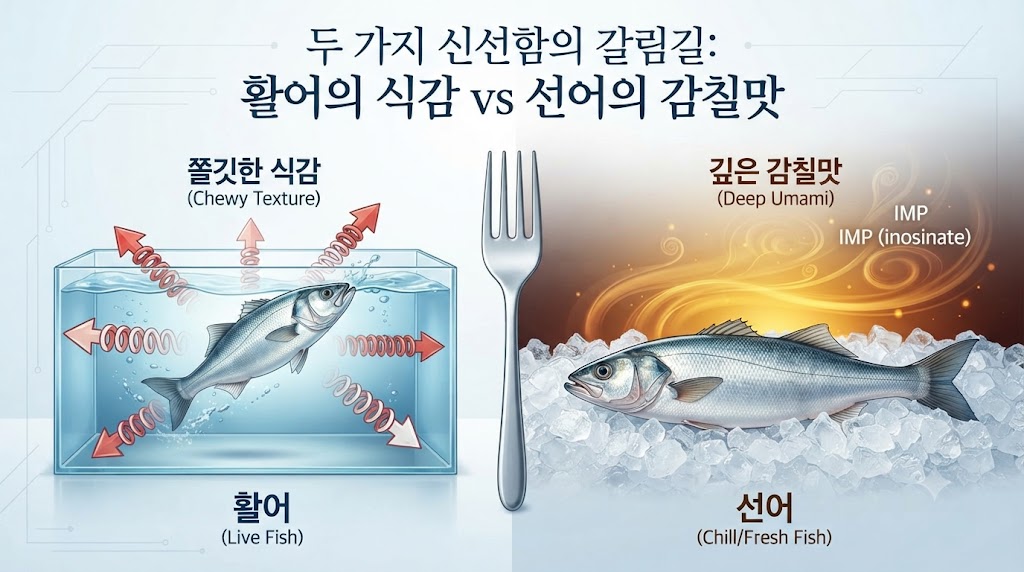 블로그 도입부의 핵심 주제를 시각화한 인포그래픽입니다. 이미지 중앙을 기준으로 왼쪽은 투명한 수조에서 팔딱거리는 '활어'가, 오른쪽은 얼음 위에 가지런히 누워있는 '선어'가 대비되어 표현됩니다. 활어 쪽에는 쫄깃한 식감을 상징하는 탄력 있는 화살표가, 선어 쪽에는 감칠맛(IMP)을 상징하는 깊고 풍부한 색감의 아우라가 퍼져 나갑니다. 두 가지 다른 신선함의 정의를 시작하는 상징적인 이미지입니다. (심볼릭 일러스트)