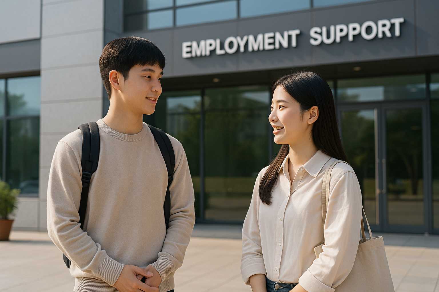 순천 청년 일자리 지원센터 앞에서 상담을 기다리는 20대 한국 청년 남녀. 유리 건물 외관과 햇살이 어우러진 풍경