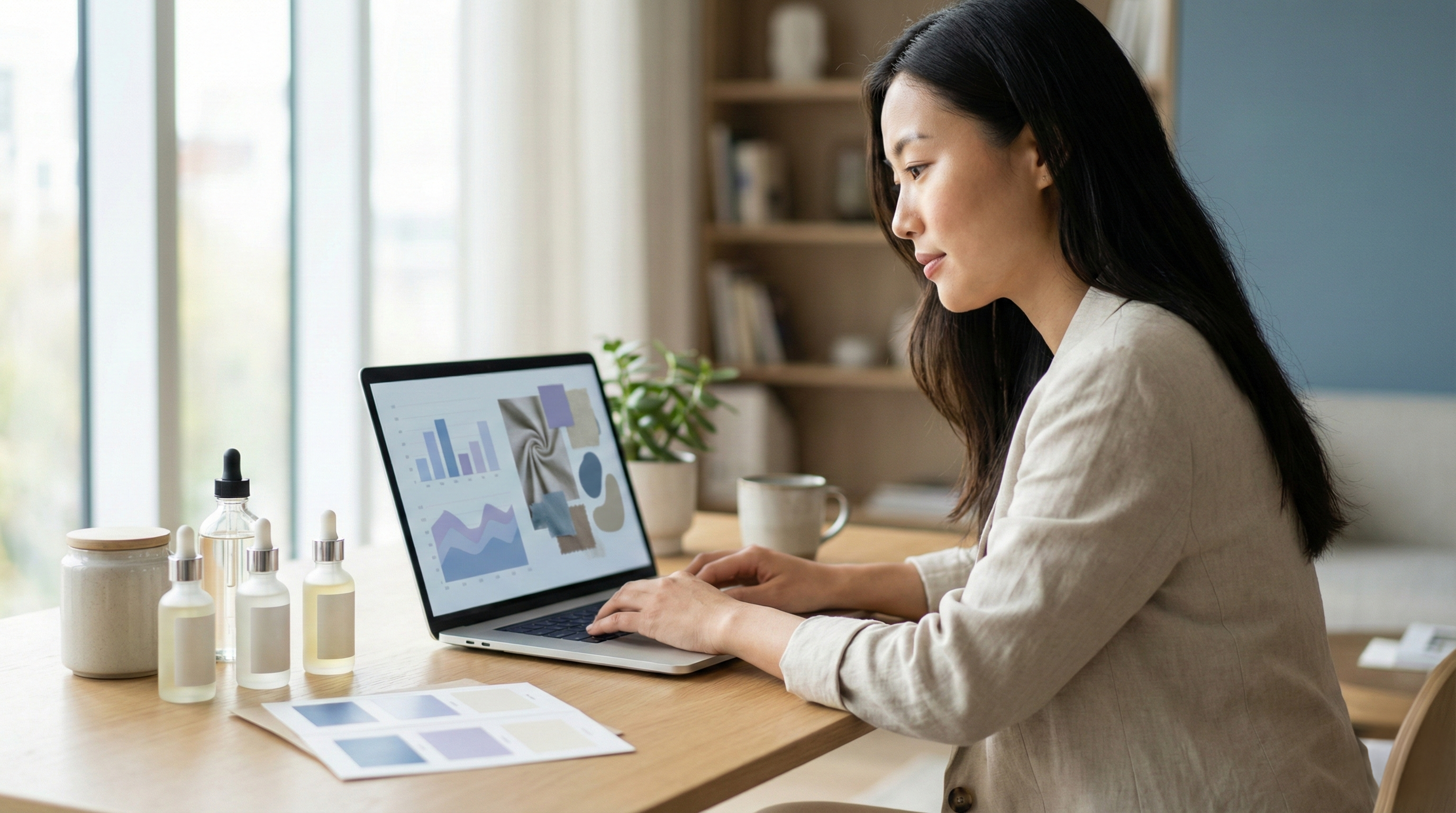 자연광이 들어오는 책상에서 노트북 차트와 뷰티 샘플을 보며 2026 뷰티 트렌드를 분석하는 장면입니다.