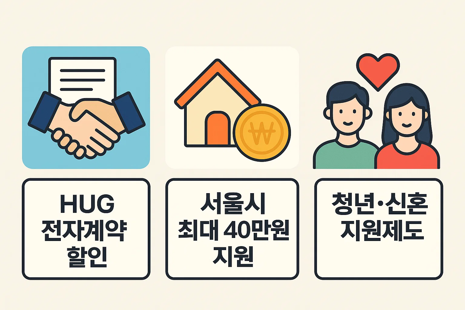 HUG 전자계약 할인, 서울시 최대 40만 원 지원, 청년·신혼부부 대상 지원제도 등 전세보증보험 가입 시 활용 가능한 실제 할인·지원 프로그램들을 정리한 종합 안내형 인포그래픽입니다.