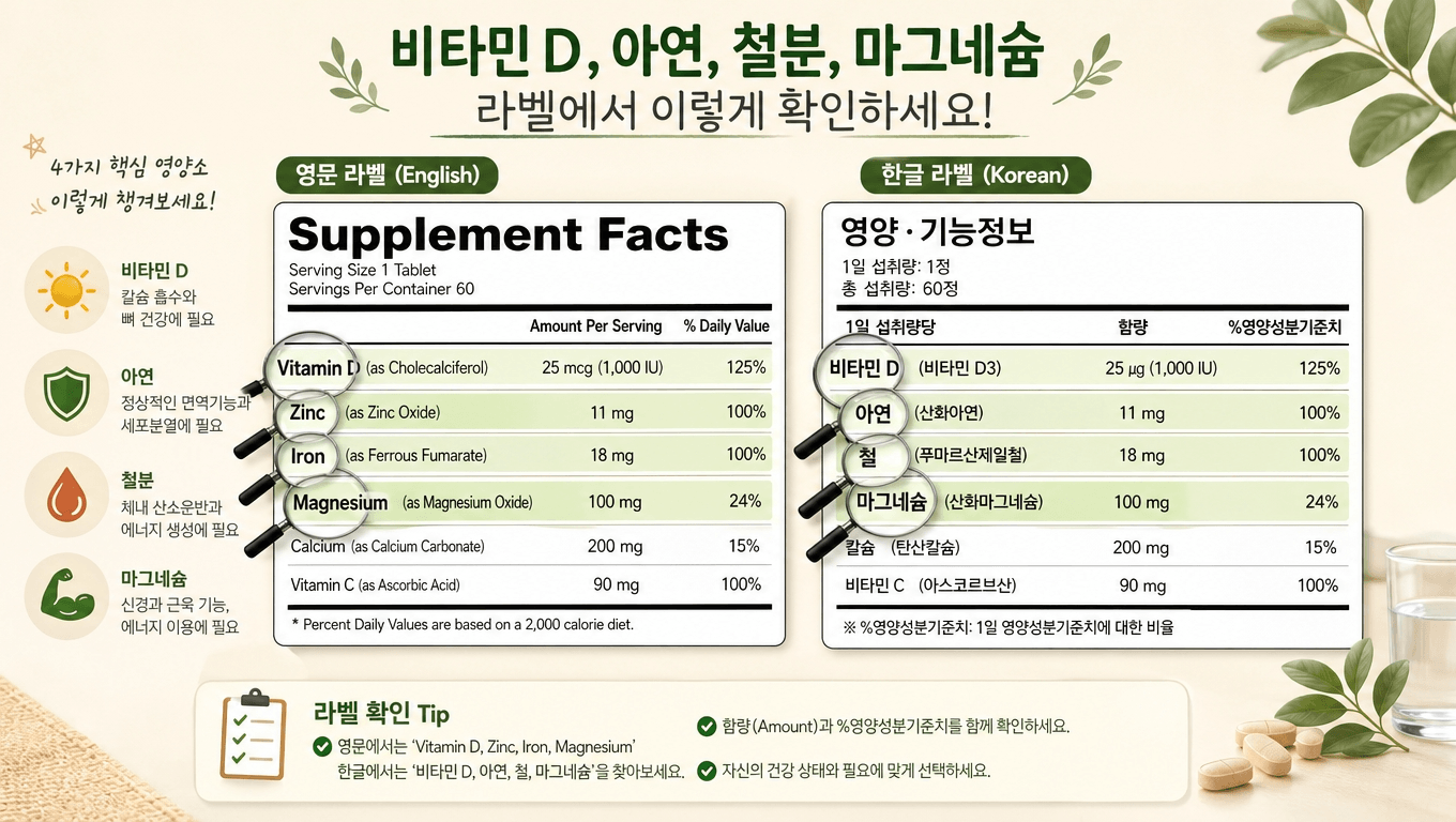미국 멀티비타민 영문 라벨과 국산 종합비타민 한글 라벨 비교 이미지