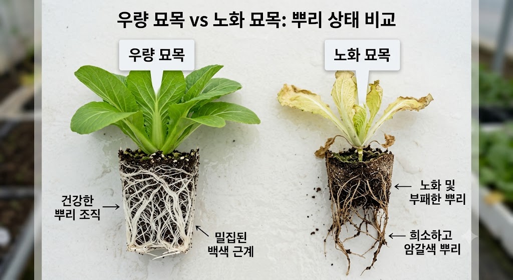 모종 트레이에서 꺼낸 건강한 배추 모종의 흰 뿌리 상태와 늙은 불량 모종의 갈색 노화 뿌리 상태를 비교하는 모습