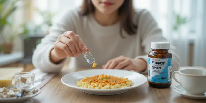 아침 식탁 위에 피세틴 캡슐 놓여진 모습