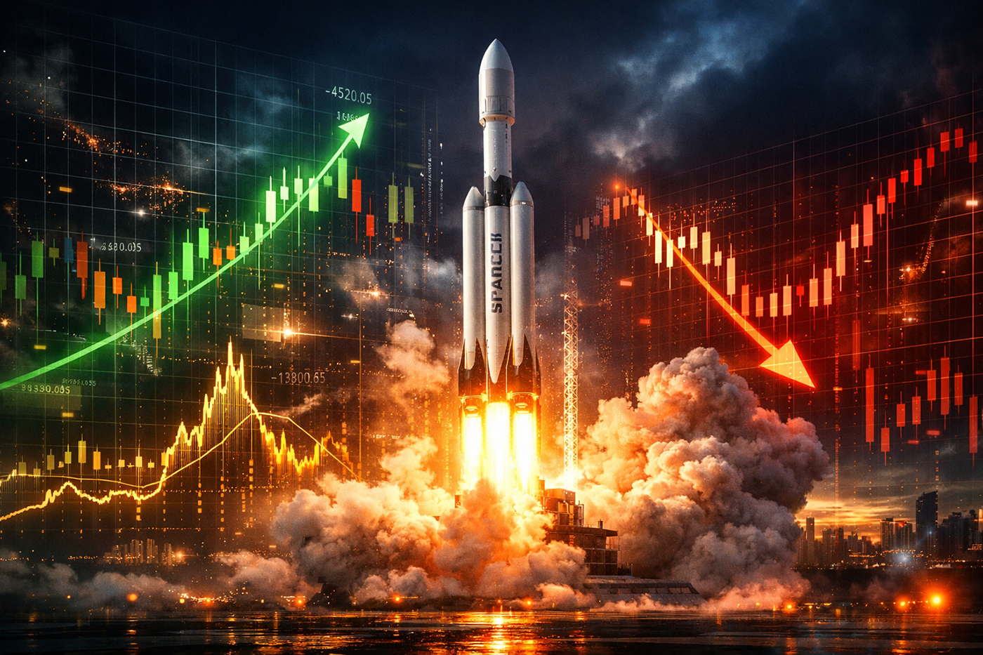 SpaceX IPO로 인한 시장 자금의 대이동과 주도주 수급 이탈을 로켓 발사와 상반된 주가 차트 화살표로 묘사한 이미지 / A dramatic depiction of market capital migration and liquidity shift during SpaceX IPO, featuring a rocket launch and contrasting stock trend arrows.