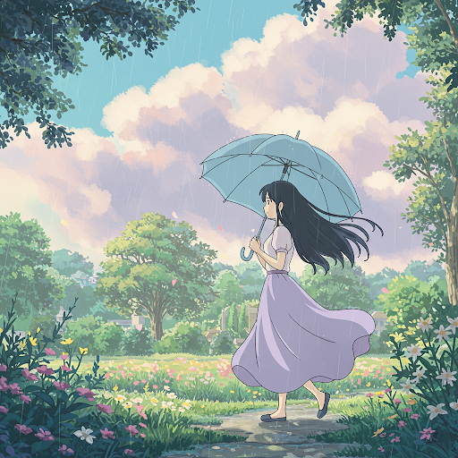 우산 쓴 소녀 일러스트 이미지