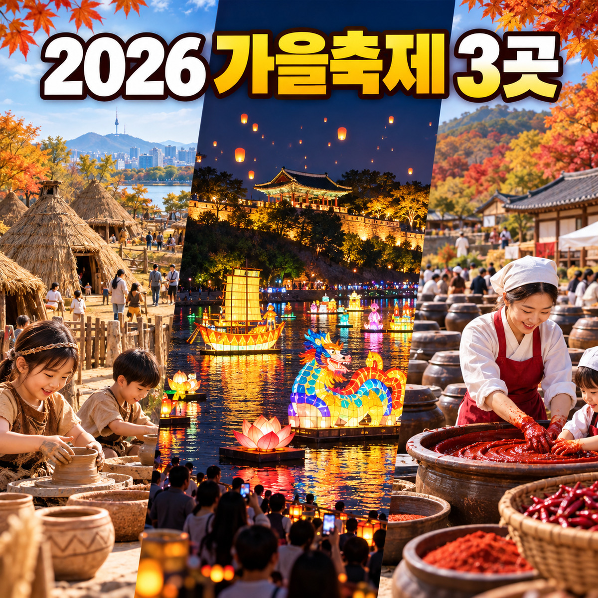 선사시대 체험마을과 진주 남강의 유등, 순창 고추장 체험 장면을 세 구역으로 표현한 2026 가을축제 대표 이미지
