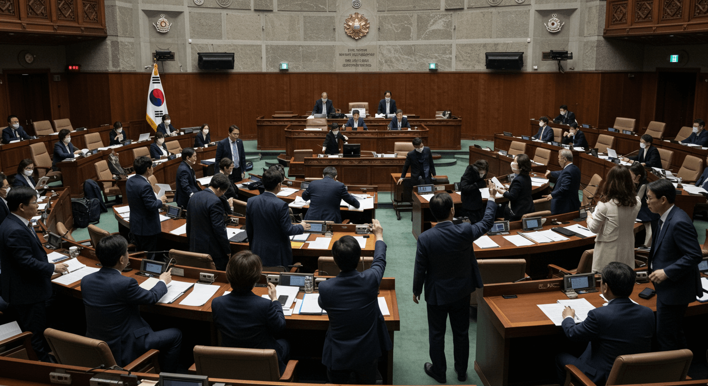 대한민국 국회 본회의장에서 한국인 국회의원들이 검찰청 폐지를 두고 토론과 표결을 진행하는 장면 3