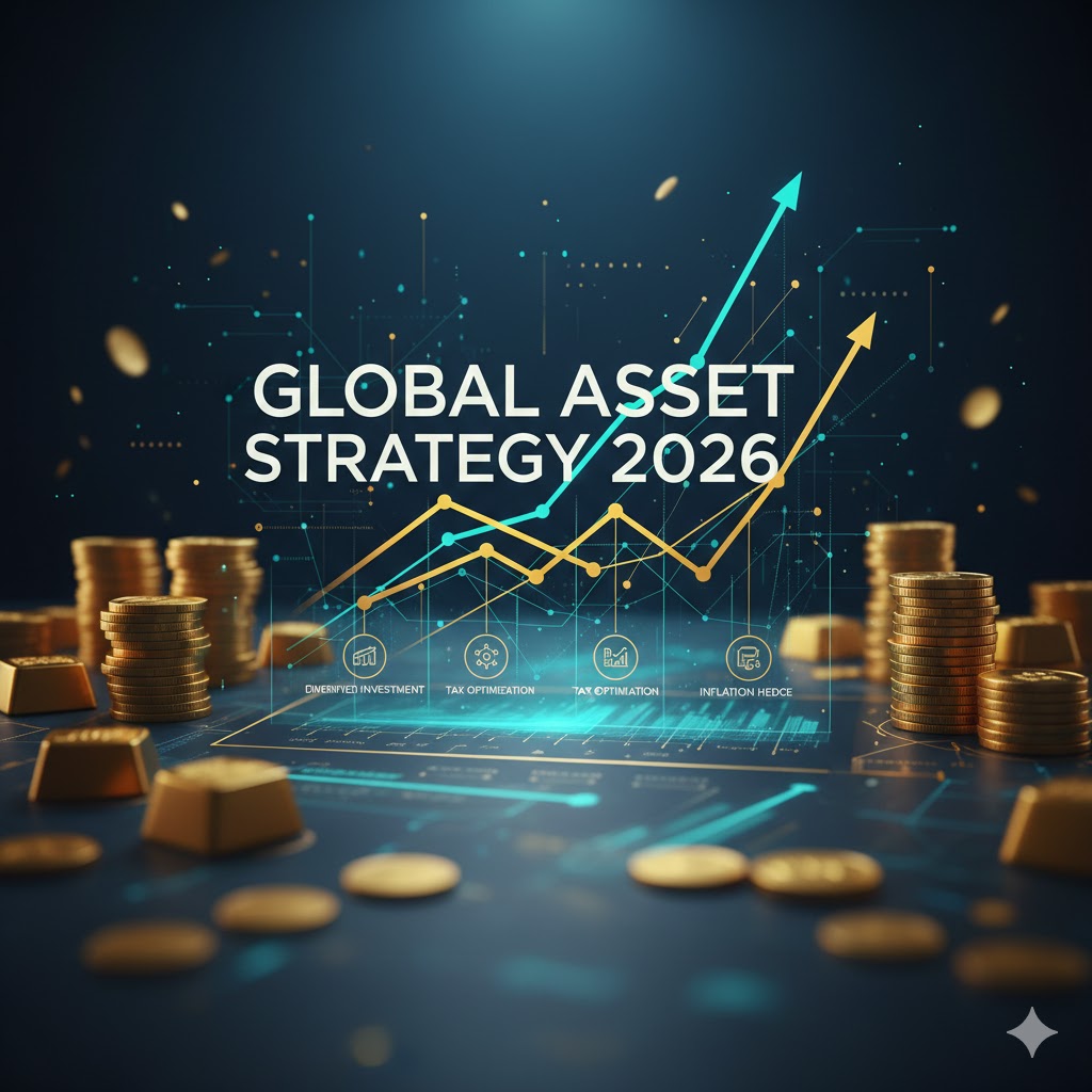 A sophisticated financial infographic for 2026 asset management, featuring golden coins, rising charts, and "GLOBAL ASSET STRATEGY 2026" text.