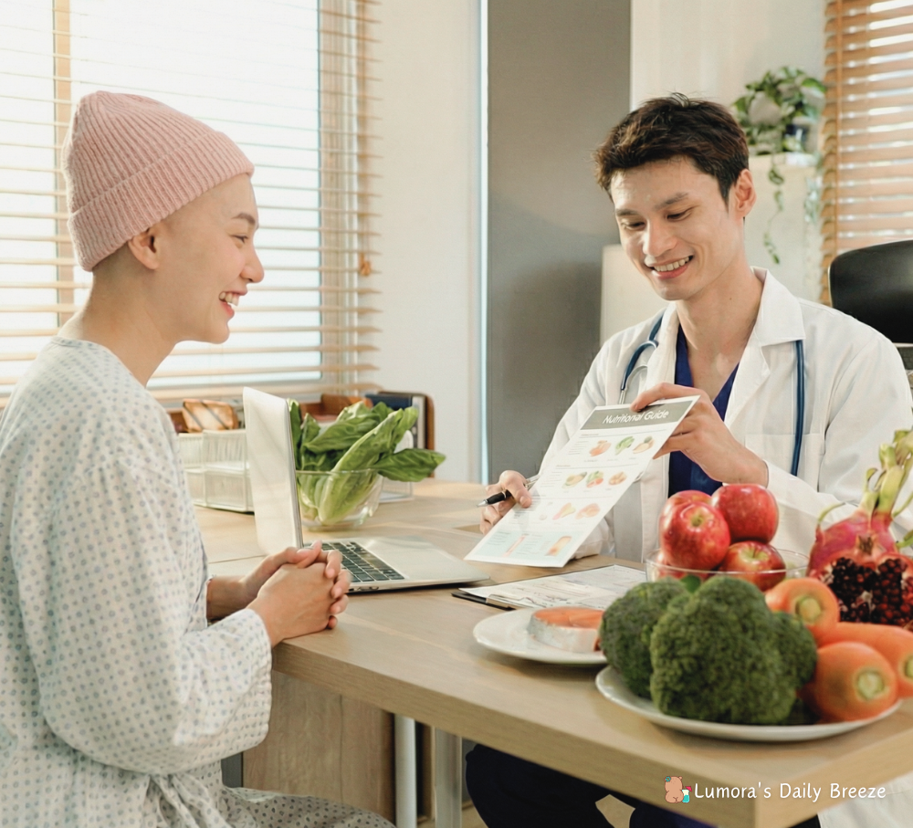 항암 치료중인 여성과 의사가 책상을 두고 마주앉아 식단과 영양에 관해 표를 보여주며 설명하는 장면입니다. 여성은 항암 부작용으로 머리카락을 모두 잃은 상태지만 핑크색 비니를 쓰고 예쁘게 웃으며 설명을 듣고 있습니다.