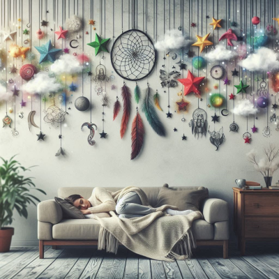 꿈을 꾸는 사람과 그 위로 다양한 꿈의 이미지를 담은 구름들이 떠다니는 풍경.