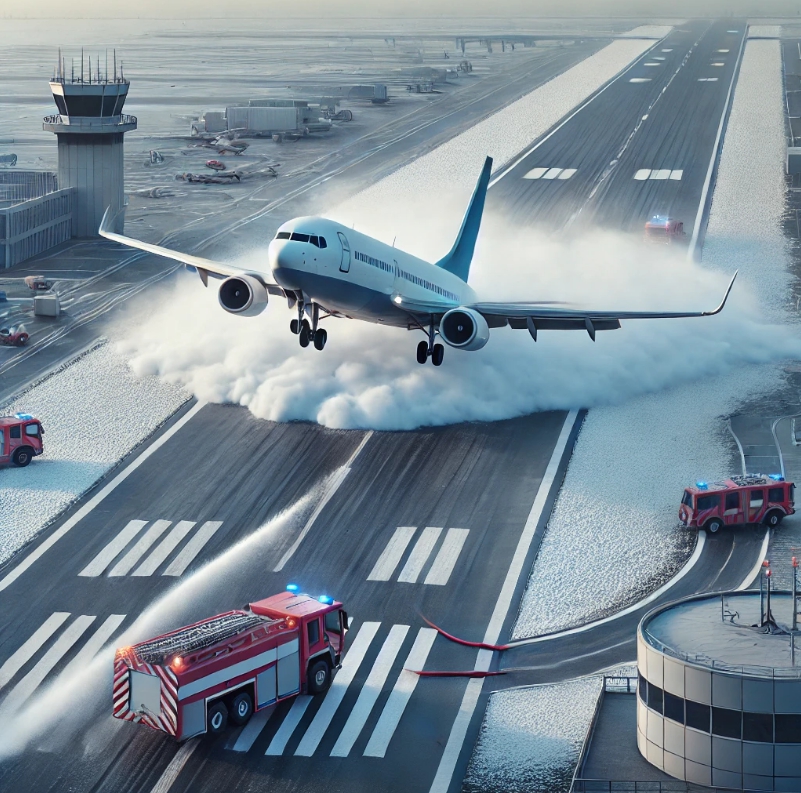 비행기가 이륙하고 있는 밑으로 거품이 많이 나오는 모습