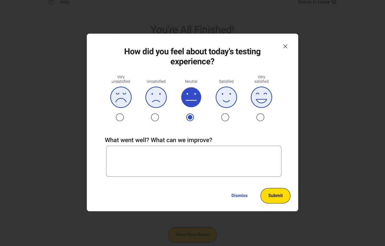 Digital SAT - 모의고사 시험 제출 시험이 어땠는지 묻는 질문을 설명하는 이미지