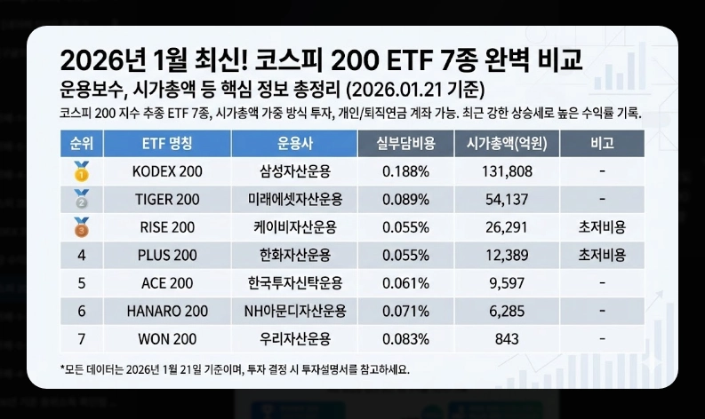 코스피200 ETF 전체 목록 [2026년] 운용보수&middot;순자산&middot;수익률 비교 및 목적별 추천