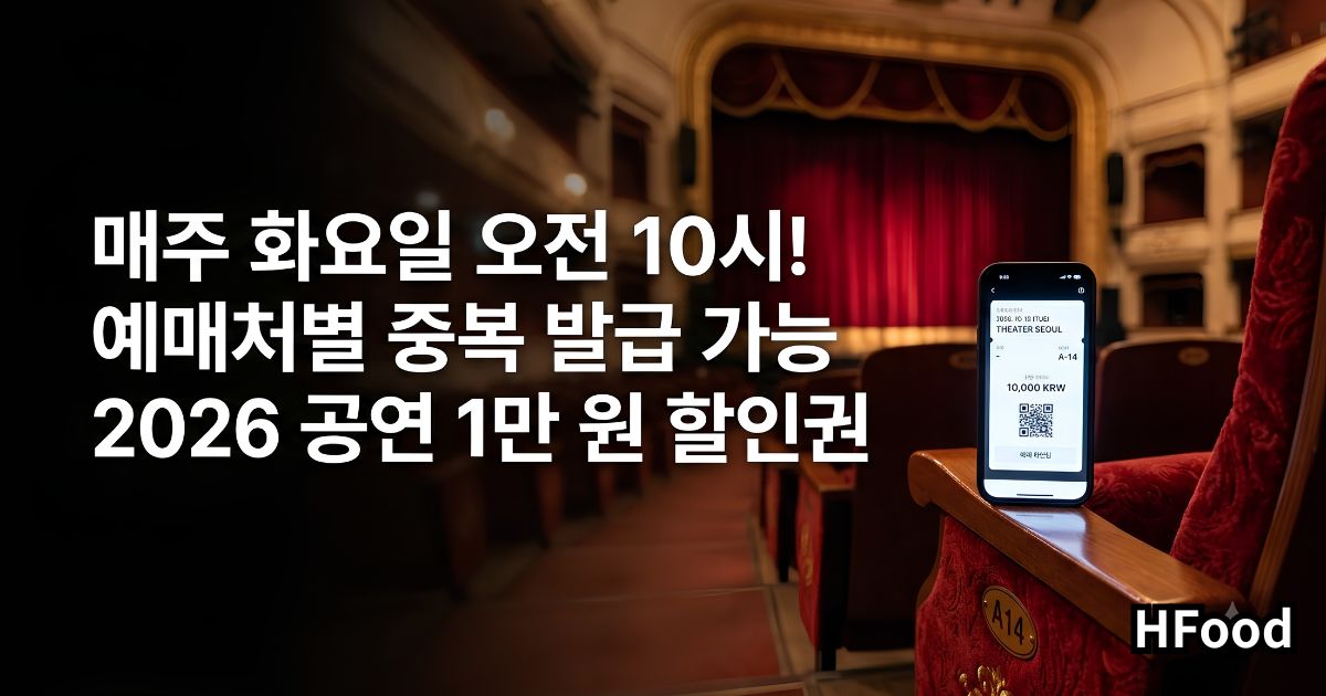 붉은 벨벳 커튼이 드리워진 연극 무대와 클래식한 극장 좌석 위에 1만 원 공연 할인권 예매 화면이 띄워진 스마트폰이 놓여 있는 모습.