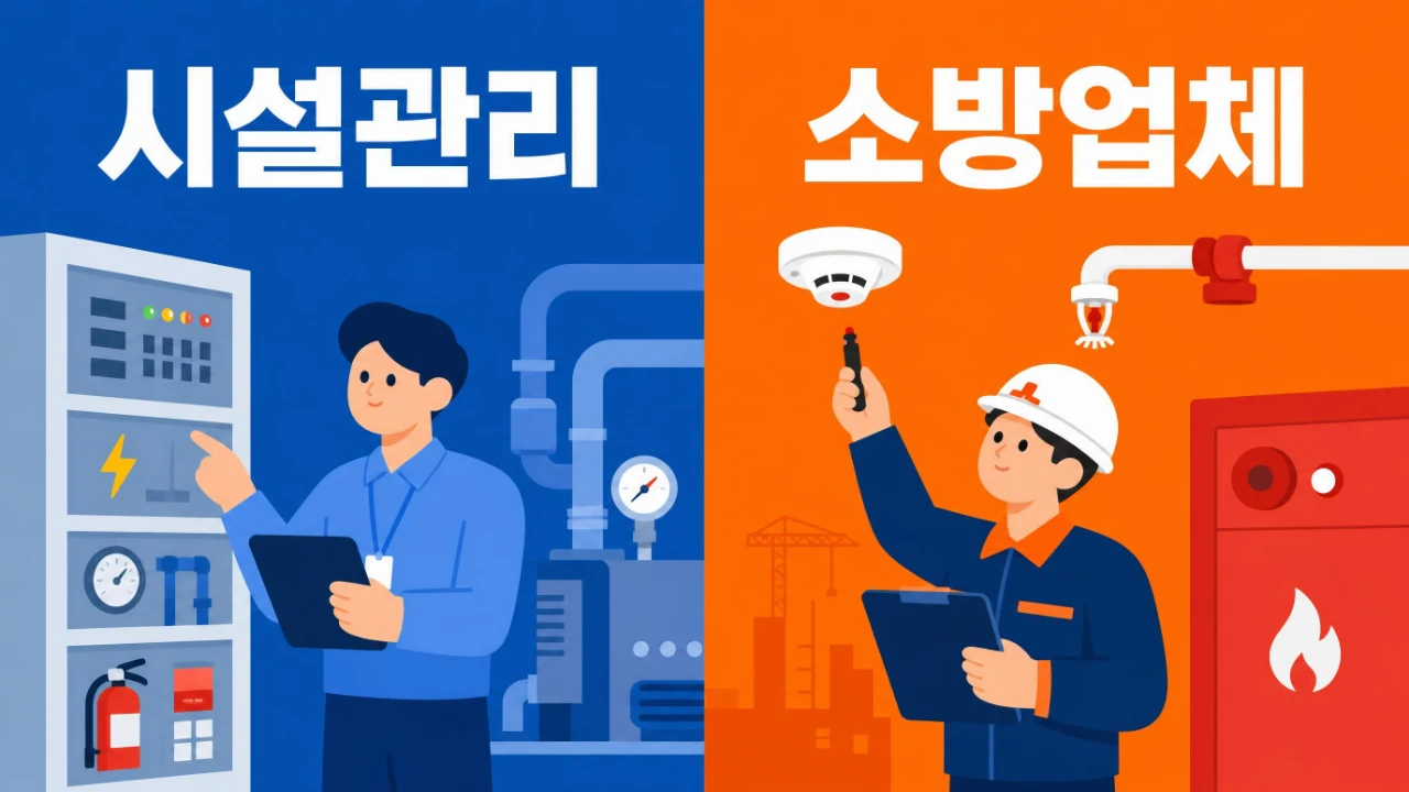 시설관리와 소방업체에서 소방설비기사를 활용하는 업무 차이를 비교한 이미지