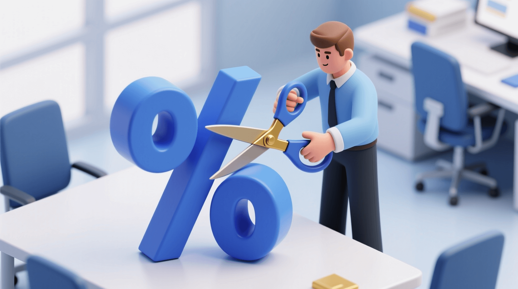 고금리 기호를 가위로 자르는 모습의 3D 일러스트, 대출 이자 절감 및 재테크 전략 이미지