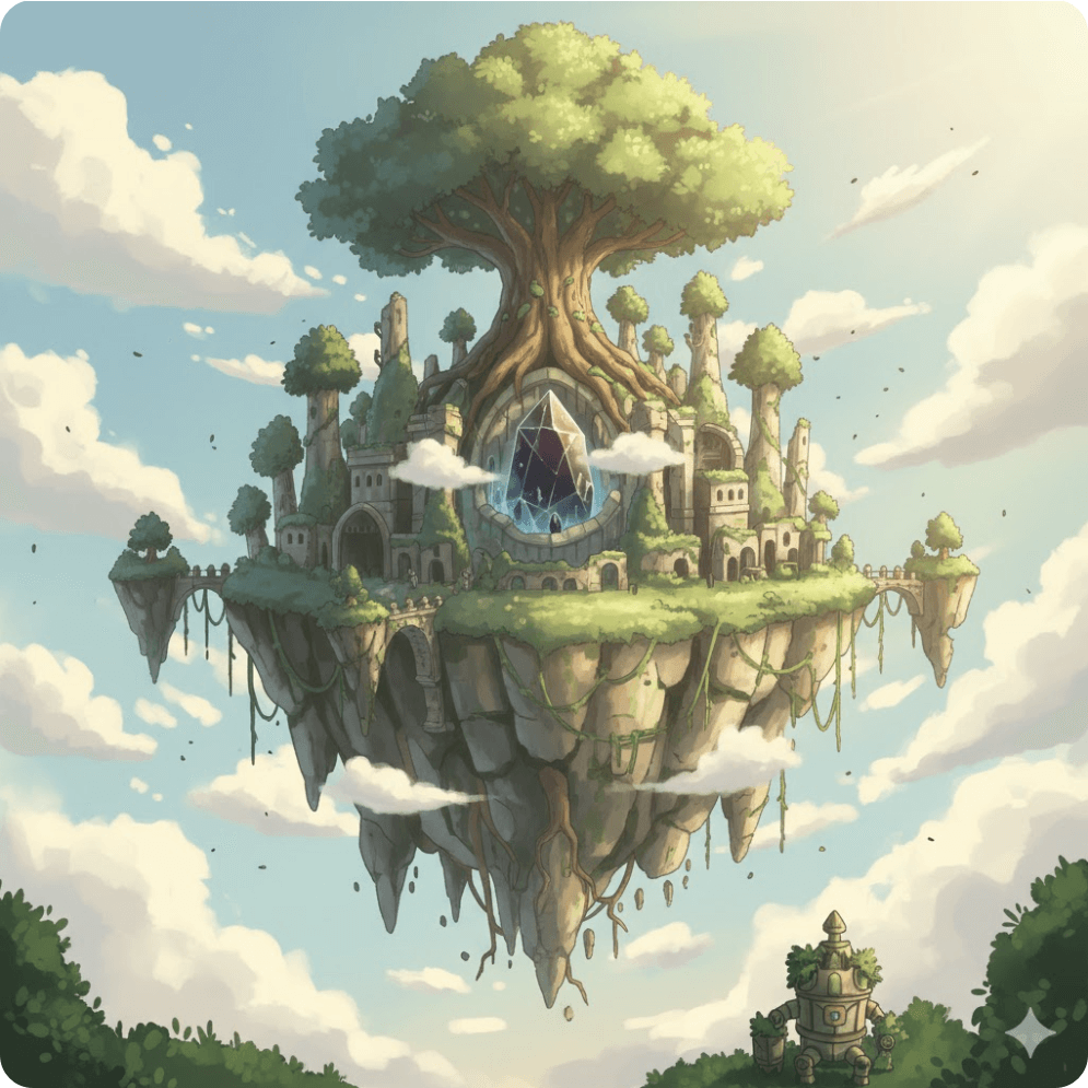 alt="푸른 하늘 위에 떠 있는 초록빛 섬 라퓨타의 평화로움을 표현한 일러스트."