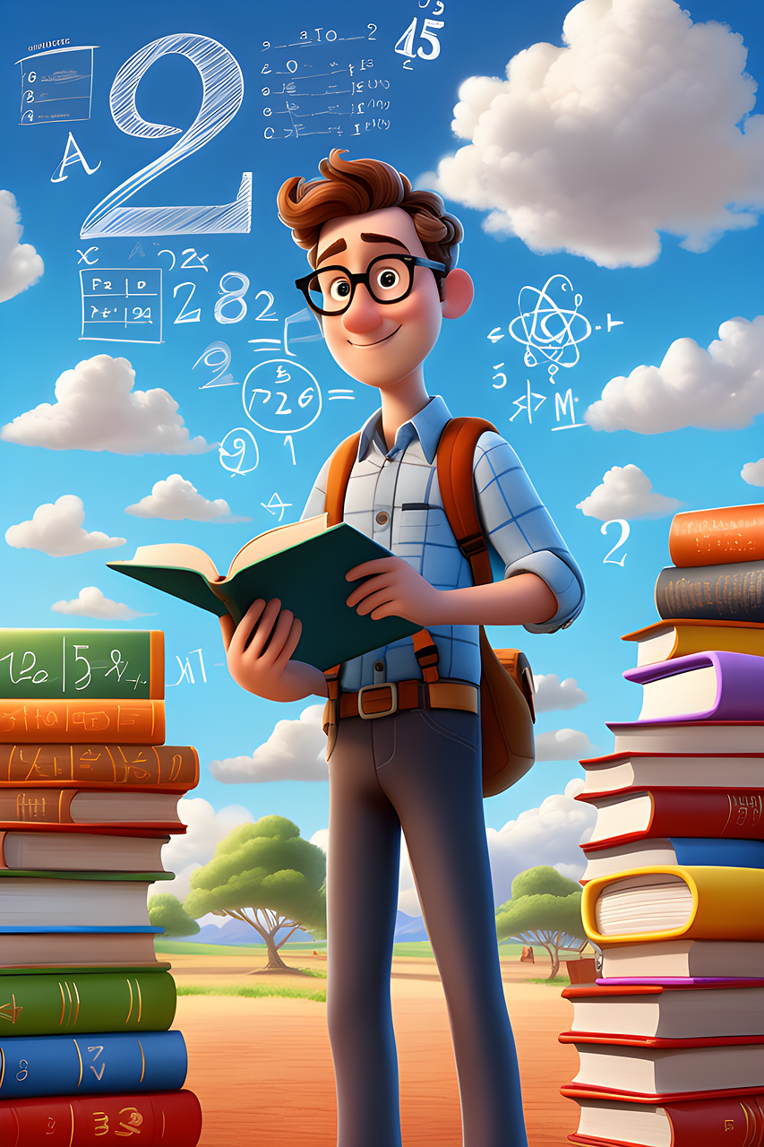 책을 든 학생과 양옆에 쌓인 책들