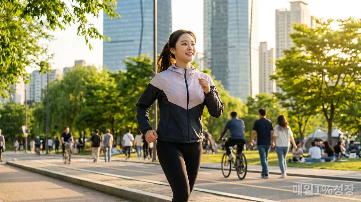 한강 공원에서 활기차게 걷는 한국 여성