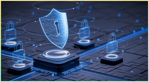 방화벽을 나타내는 시각적 이미지. 방패와 열쇠 모양의 아이콘이 떠있는 홀로그램 사진.