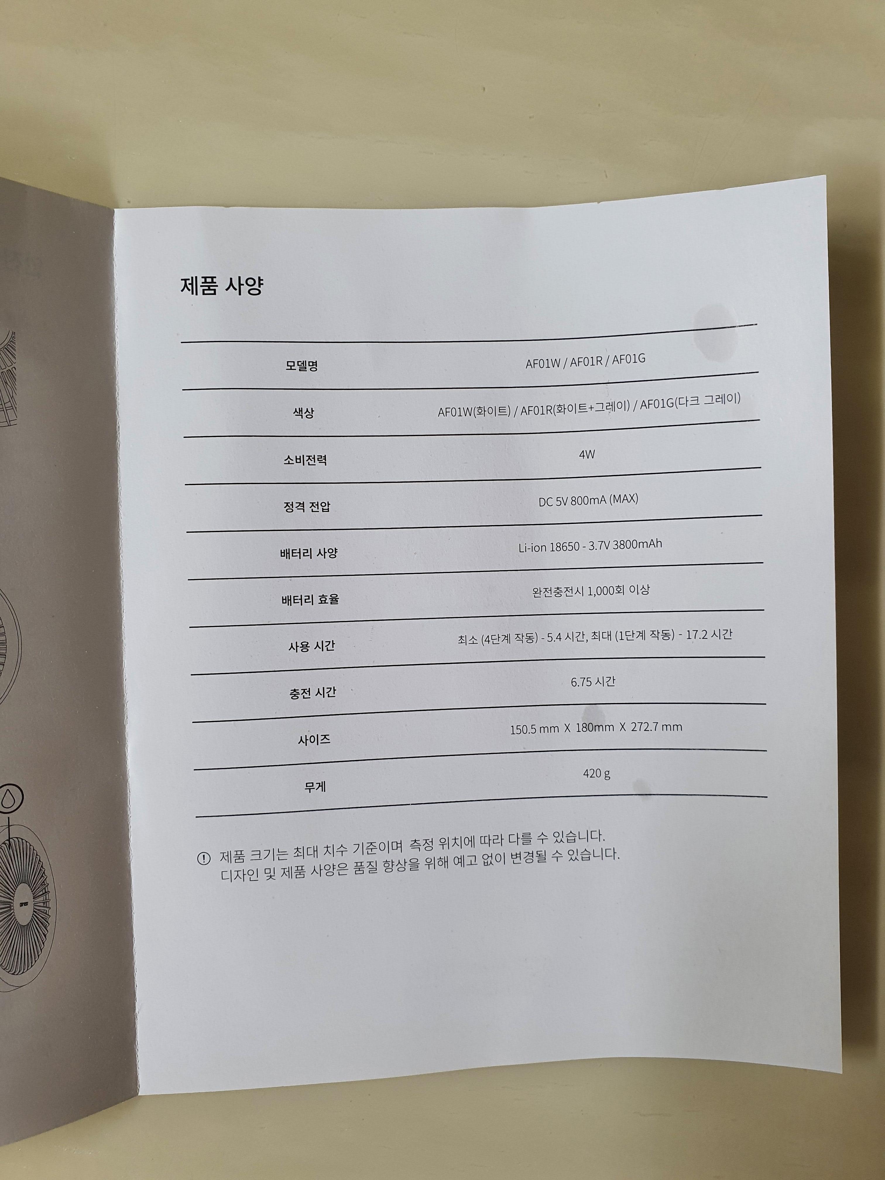 미로 에어레스트 미니팬 (AF01W) 제품 사양