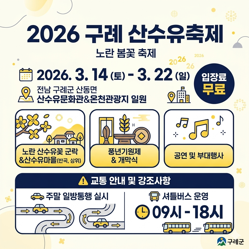 구례 산수유축제 2026 일정&middot;주차&middot;셔틀&middot;개화상황 인포그래픽