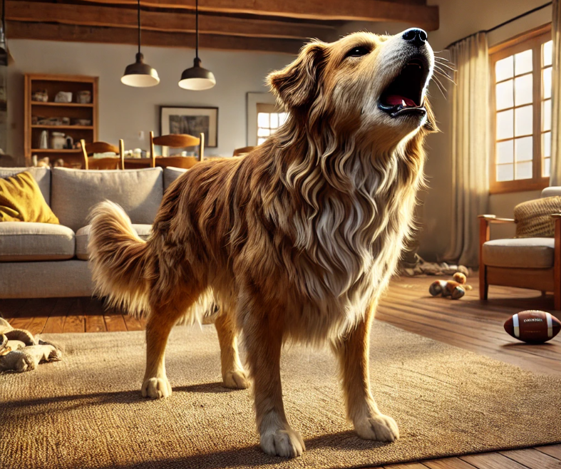 집 안에서 하울링하고 있는 성견 1마리의 모습