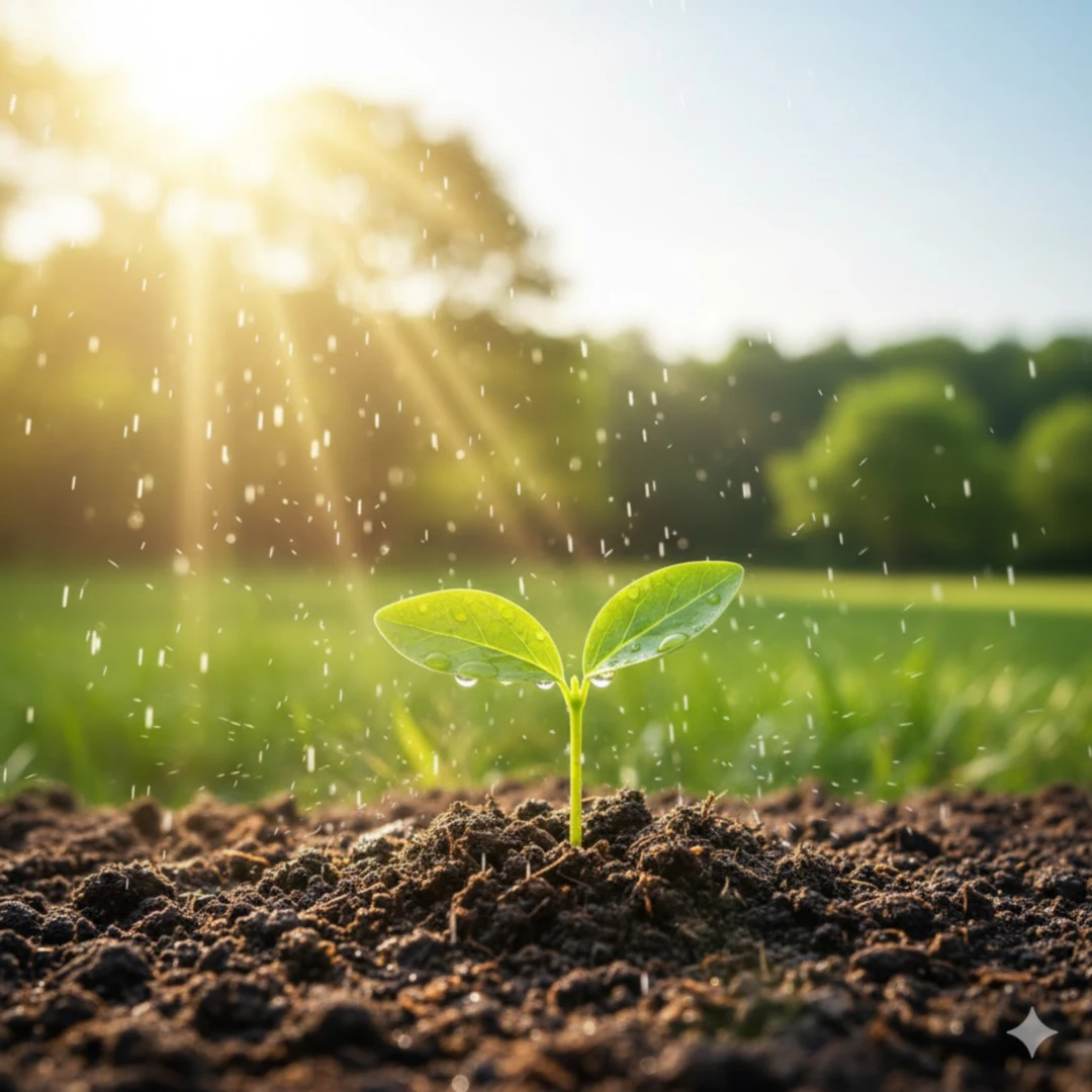 작은 씨앗에서 막 새싹이 돋아나는 모습으로&amp;#44; 새싹은 힘차고 생명력이 넘칩니다. 그 주변에는 따뜻한 햇살과 부드러운 빗방울이 내리고 있어 성장에 필요한 환경을 제공하는 모습을 나타냅니다. 배경은 푸른 자연으로 설정하여 자연스러운 성장 과정을 강조하며&amp;#44; 희망적인 분위기를 연출합니다. 