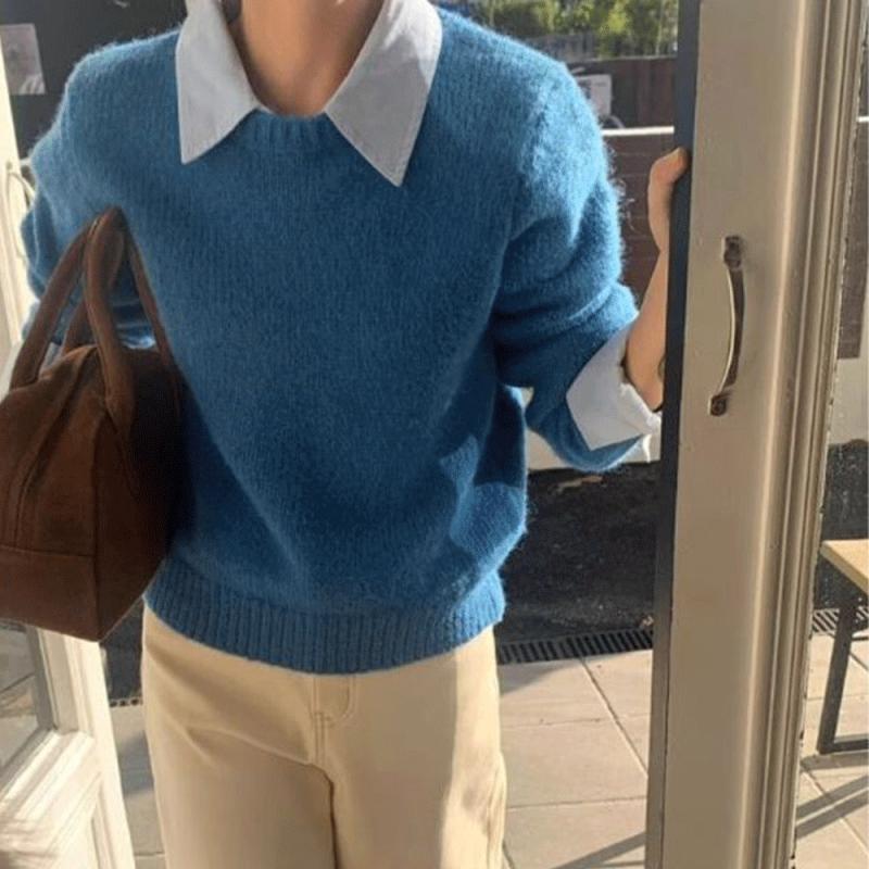 배색 레이어드 카라 탈부착 셔츠 울 니트