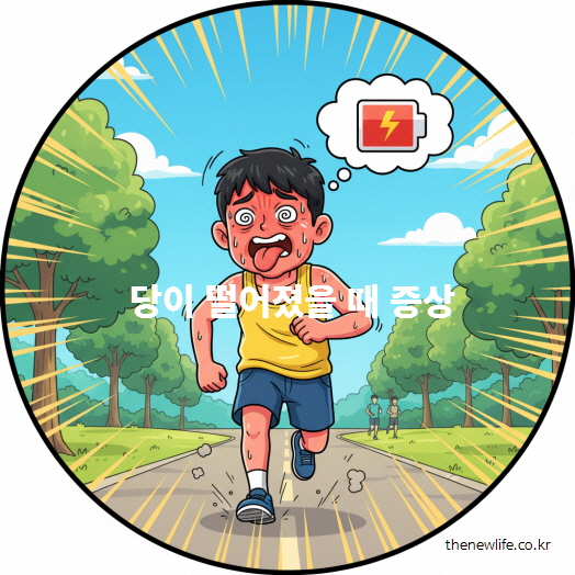 당이 떨어져 힘들어하는 사람이 땀을 흘리며 달리는 모습