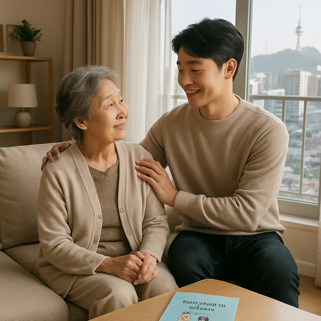 할머니를 돌보는 청년